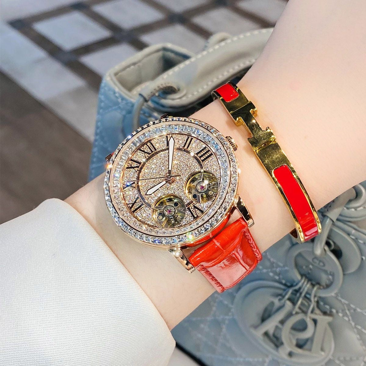 DAVENA Ladies Large Mechanical Rhinestone Watch